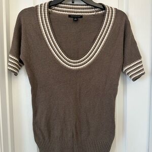 Banana Republic Taupe V-Neck Sweater with Striped Trim